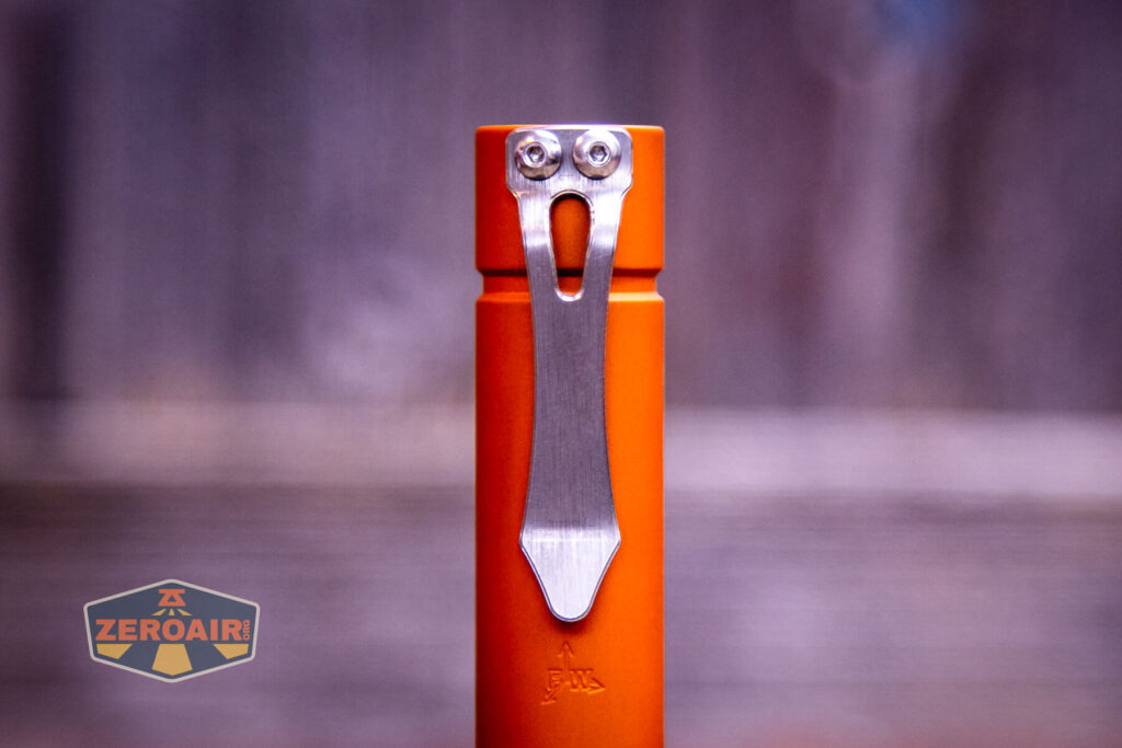 Focusworks EDC F3 Pumpkin Orange flashlight pocket clip detail