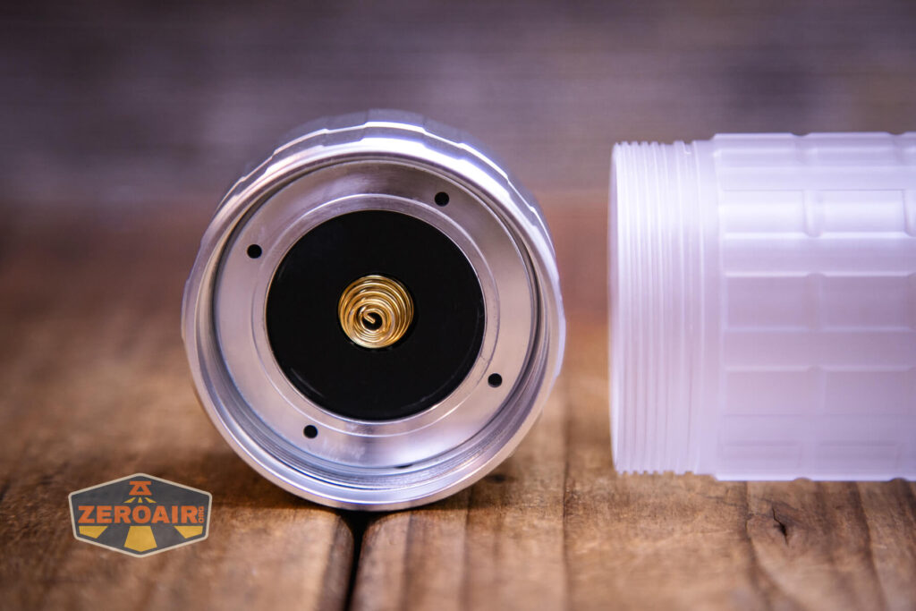 Lumintop Aurora flashlight powerbank head off showing threads and spring