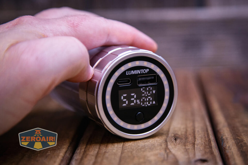 Lumintop Aurora flashlight powerbank display with info