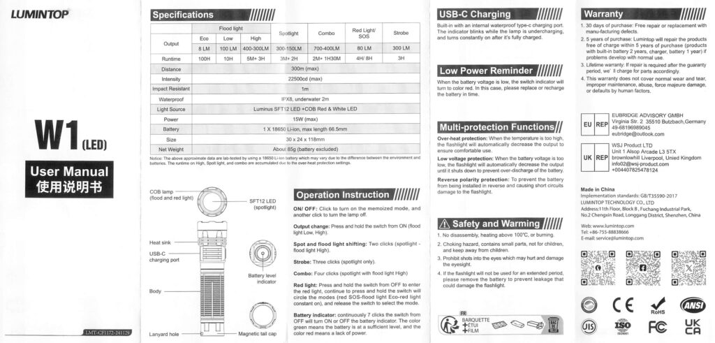 Lumintop W1 LED flashlight manual