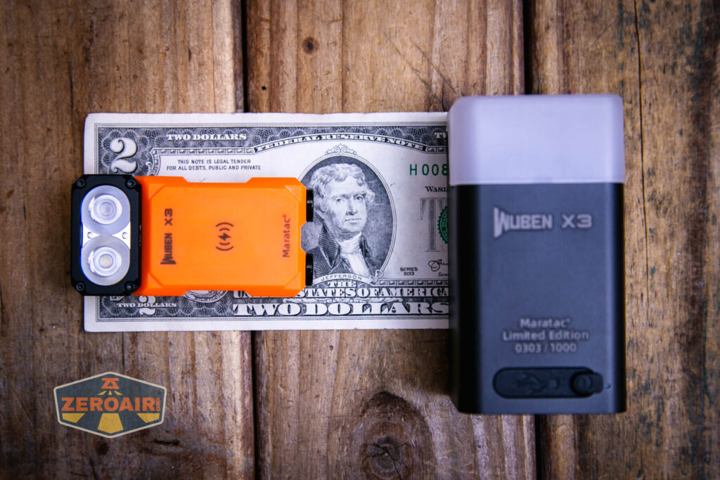 Maratac X-3 Gen II flashlight on a two dollar bill