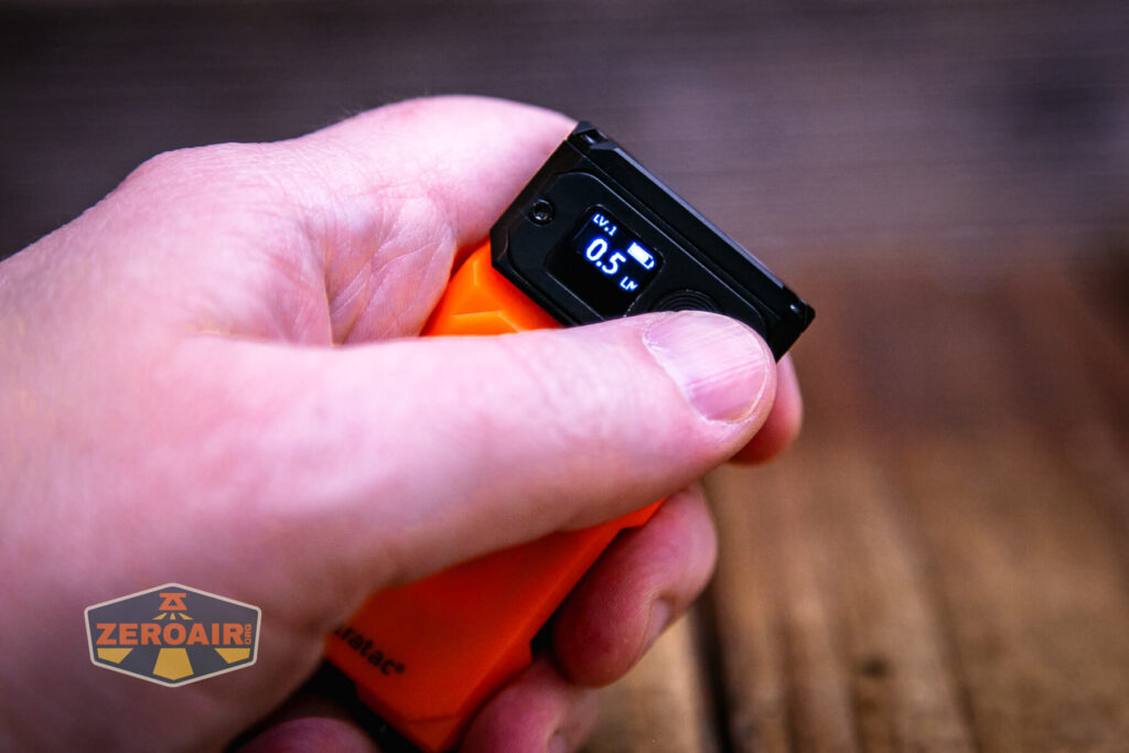 Maratac X-3 Gen II flashlight e-switch and screen in use