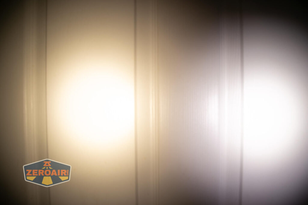 ReyLight Pineapple Mini Mk II flashlight beamshots on door (at 1') compared to nichia 219b 4500K