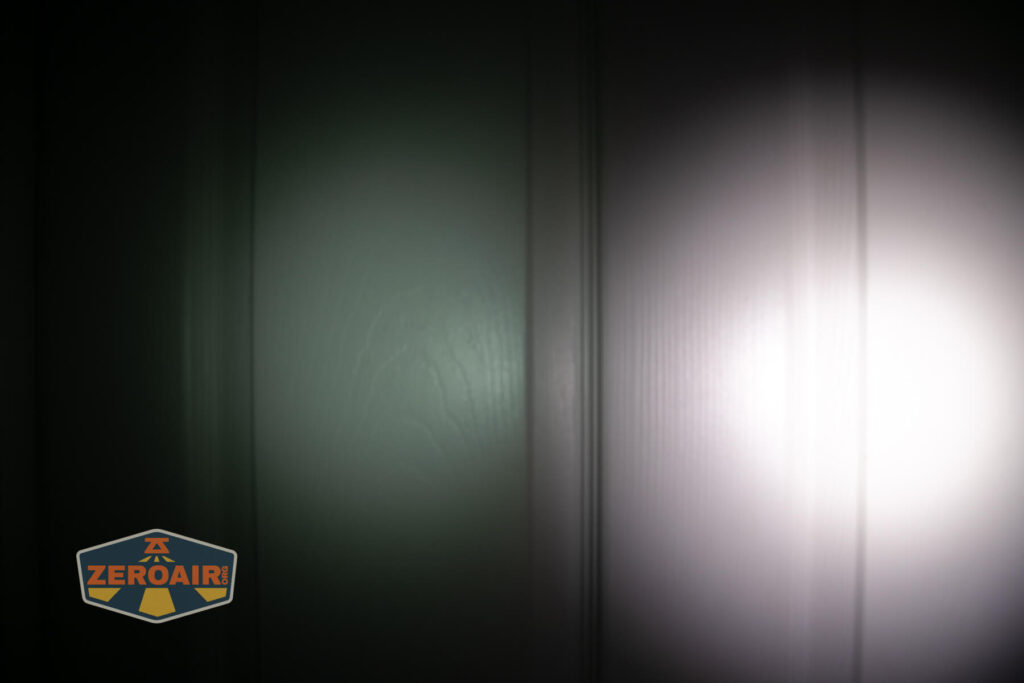 Acebeam PT20 portable EDC penlight beamshots on door (at 1') compared to nichia 219b 4500K
