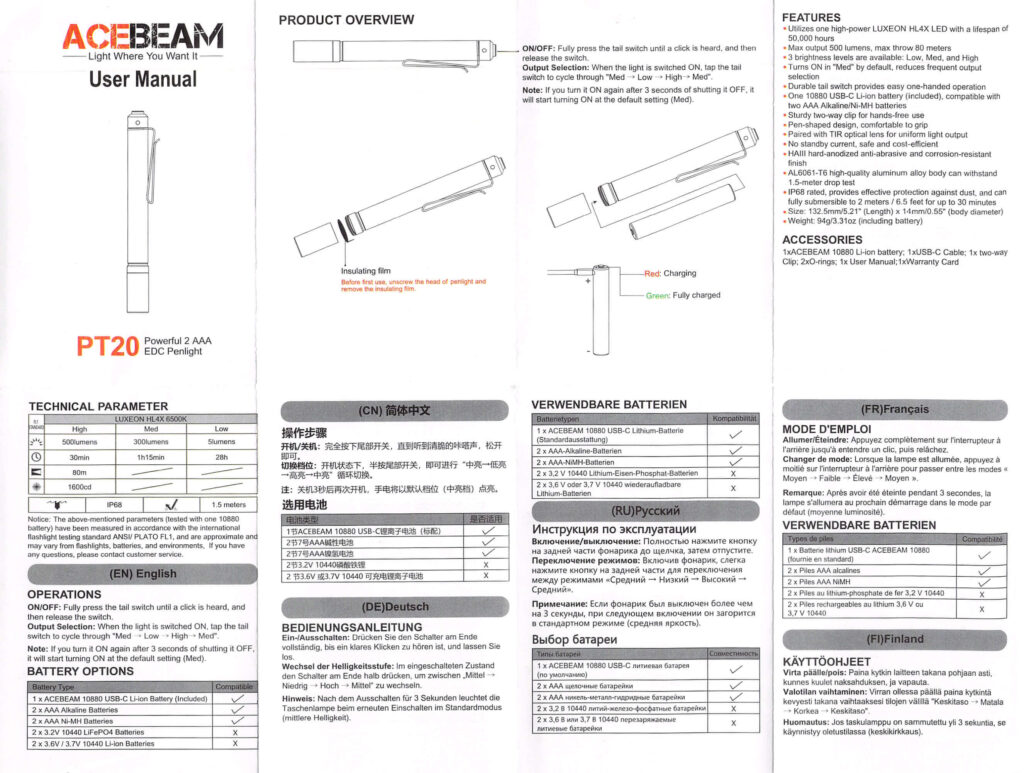Acebeam PT20 portable EDC penlight manual