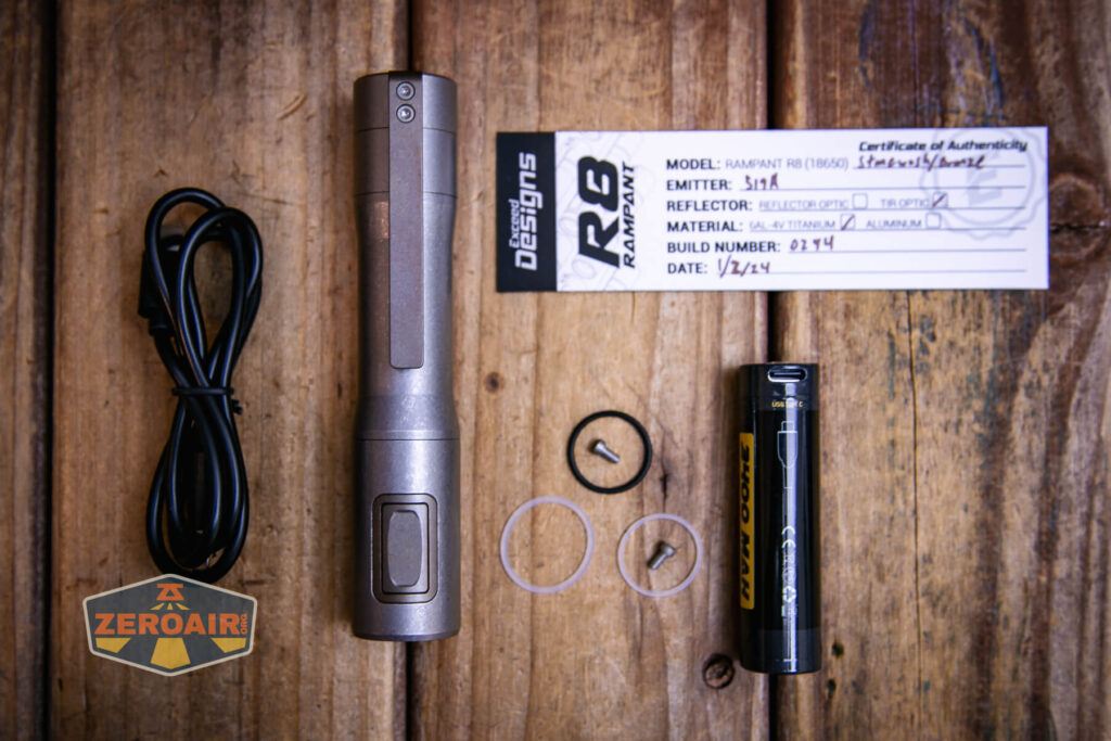 Exceed Designs Rampant R8 flashlight what's included