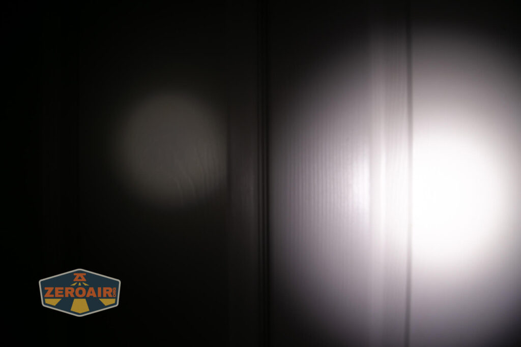 Exceed Designs Rampant R8 flashlight beamshots on door (at 1') compared to nichia 219b 4500K