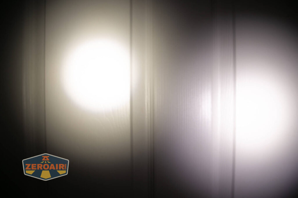 Exceed Designs Rampant R8 flashlight beamshots on door (at 1') compared to nichia 219b 4500K