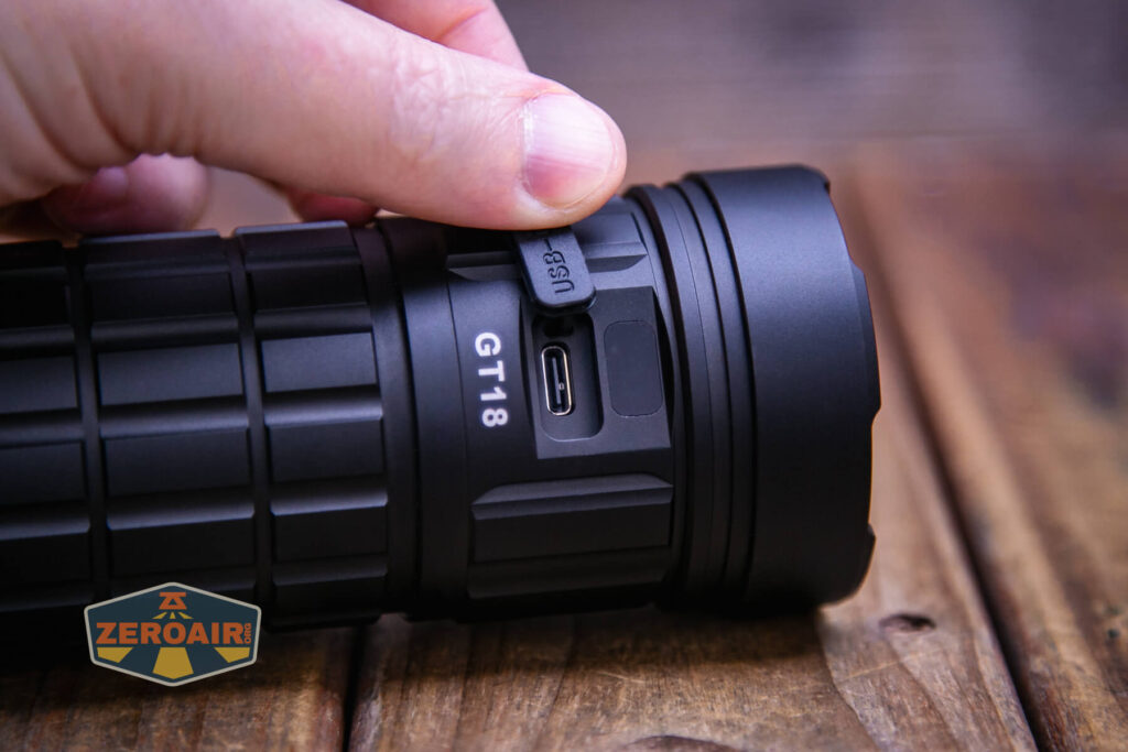 Lumintop GT18 flashlight charging port open