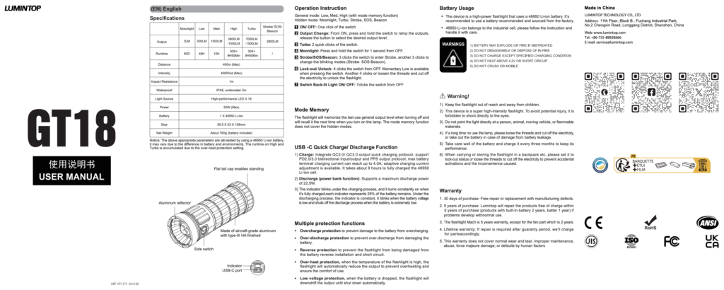 Lumintop GT18 flashlight manual