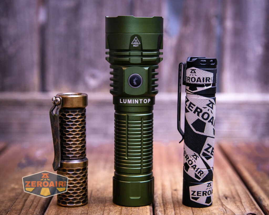 Lumintop W2 LED flashlight with two standard sized flashlights