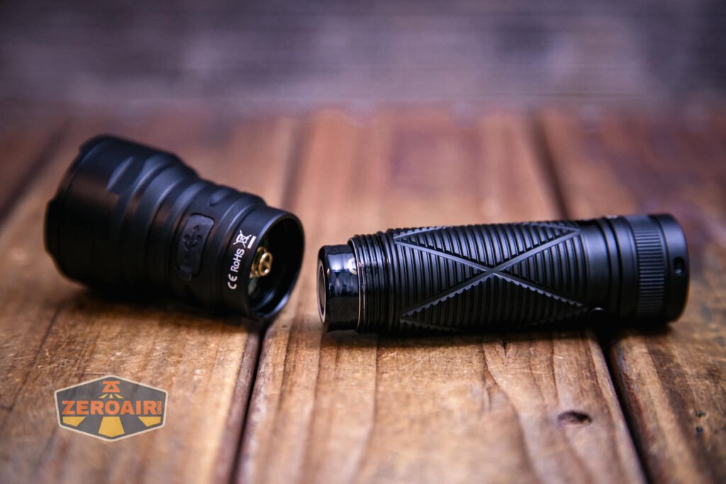 Sofirn SR15 rechargeable flashlight showing threads