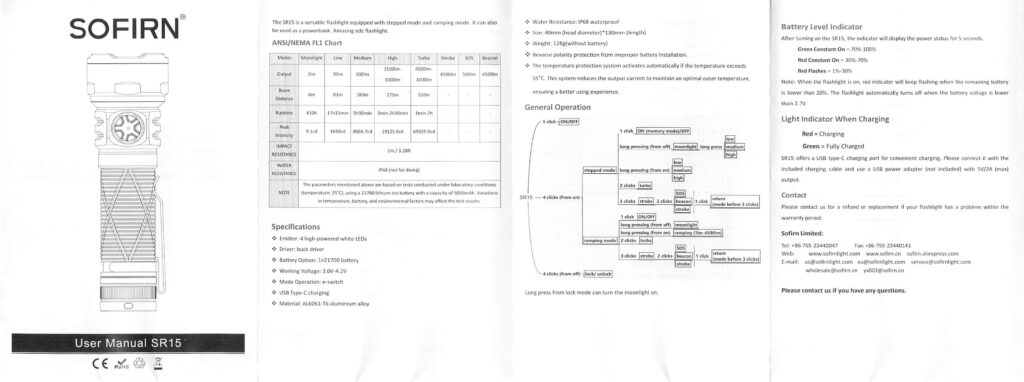 Sofirn SR15 rechargeable flashlight manual