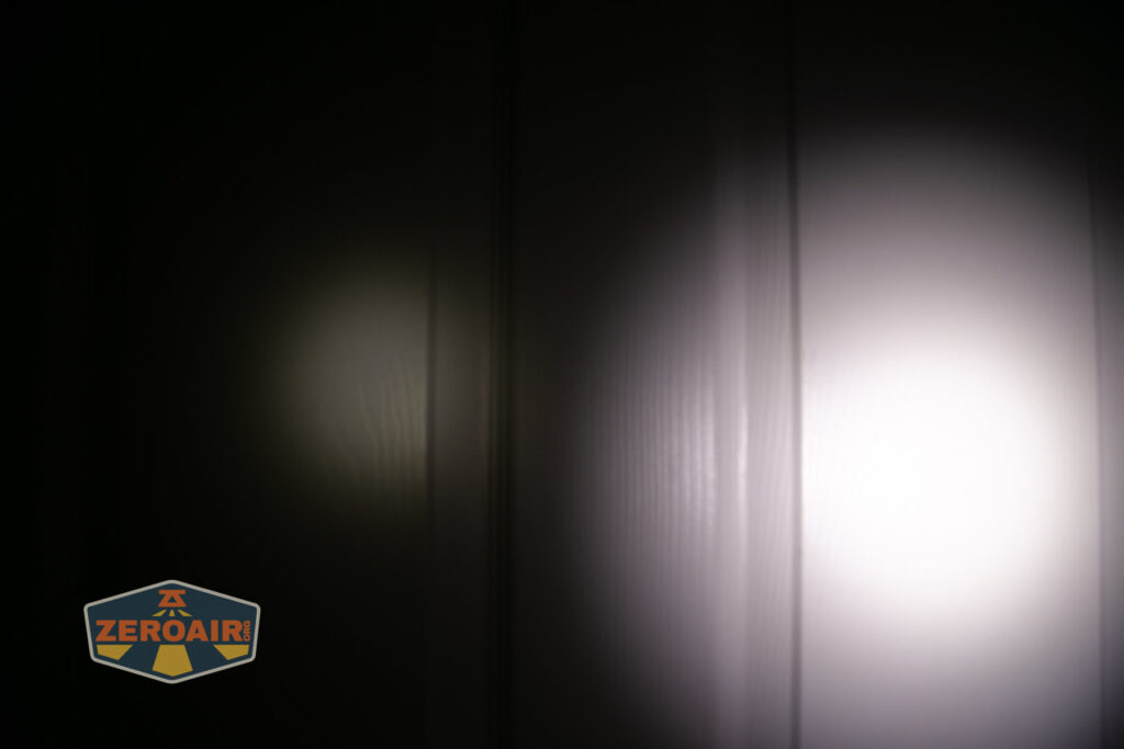 Zebralight SC600w IV Plus HI flashlight beamshots on door (at 1') compared to nichia 219b 4500K