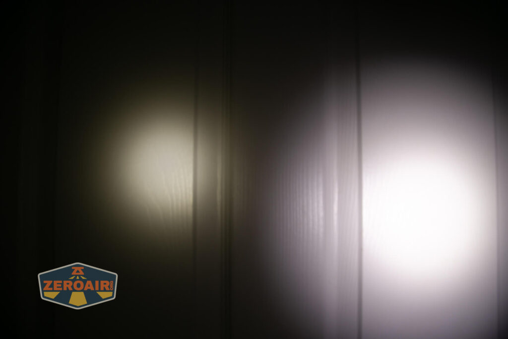 Zebralight SC600w IV Plus HI flashlight beamshots on door (at 1') compared to nichia 219b 4500K