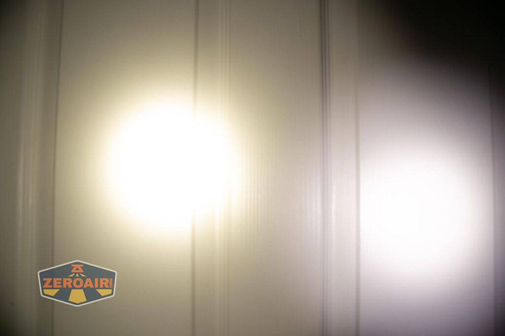 Zebralight SC600w IV Plus HI flashlight beamshots on door (at 1') compared to nichia 219b 4500K
