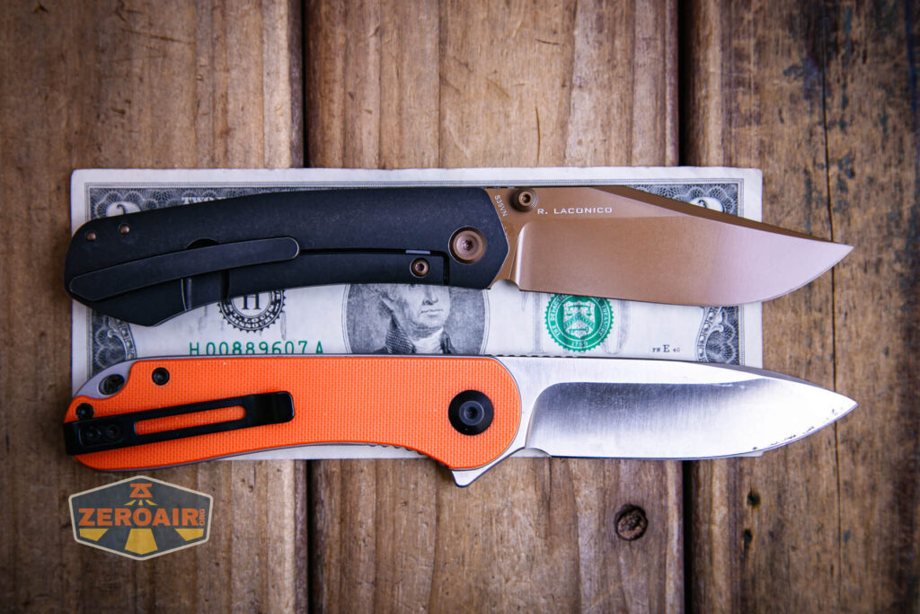 Vosteed Vallhund knife on a two dollar bill compared to Civivi Elementum in orange