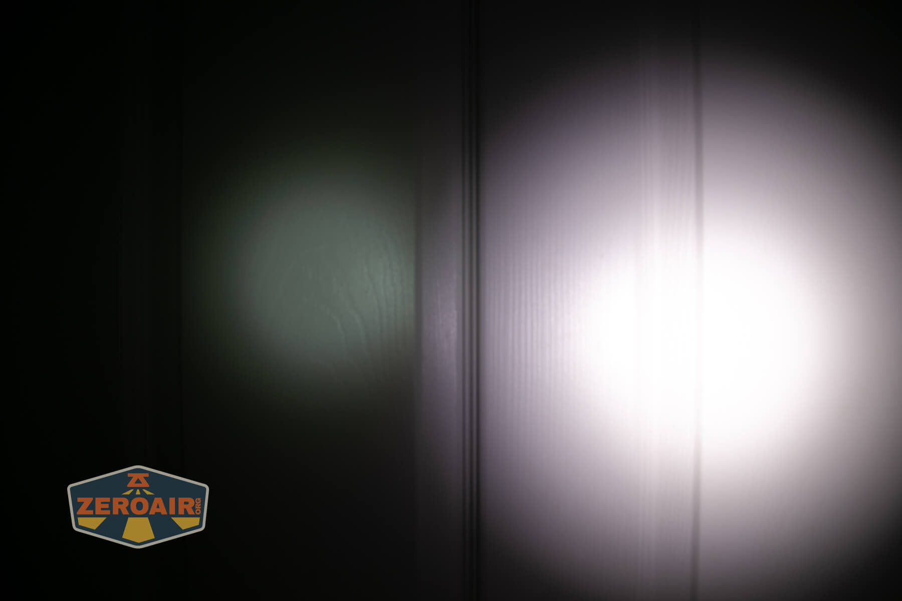 Olight Perun 3 Mini cool white headlamp beamshots on door (at 1') compared to nichia 219b 4500K
