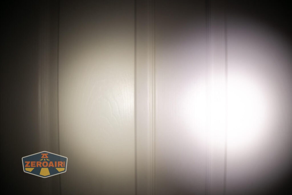 Skilhunt EC150 Nichia 519a flashlight beamshots on door compared to nichia 219b