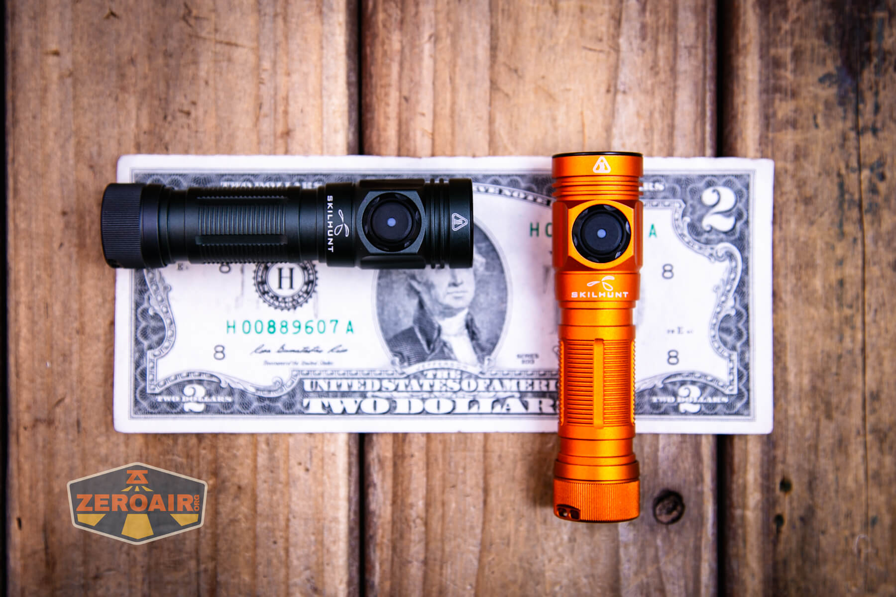 Skilhunt M150v4 Nichia 519a on two dollar bill