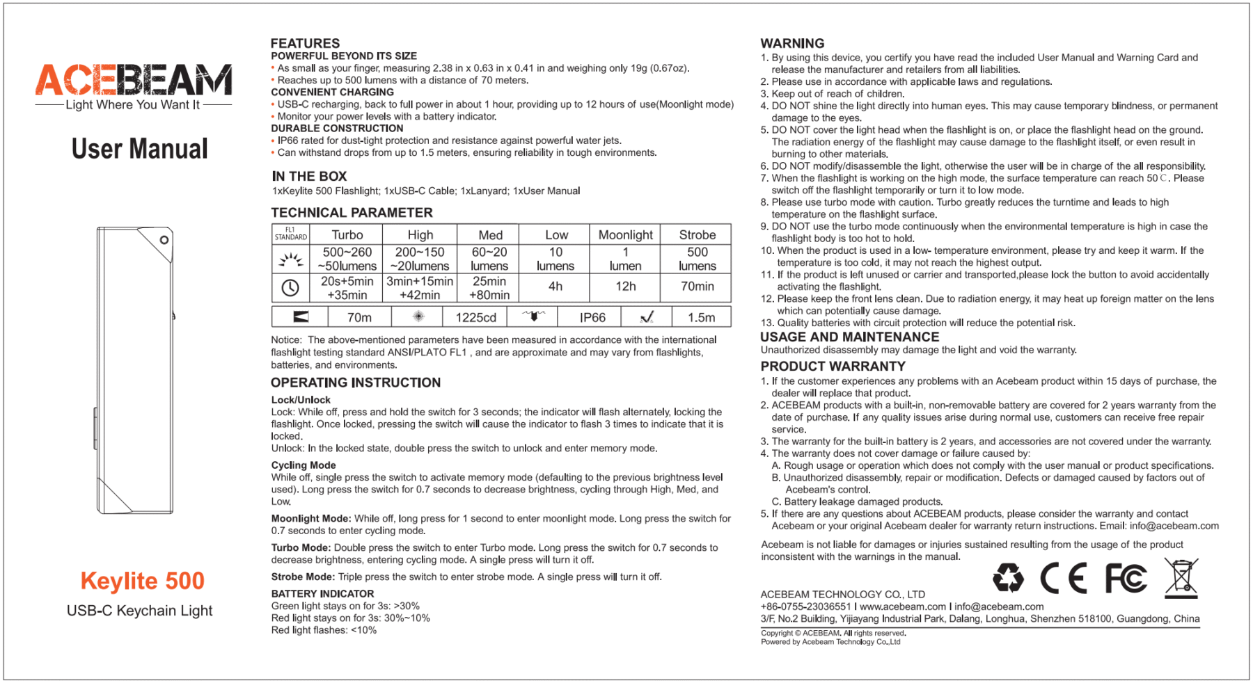 Acebeam Keylite 500 keychain flashlight manual