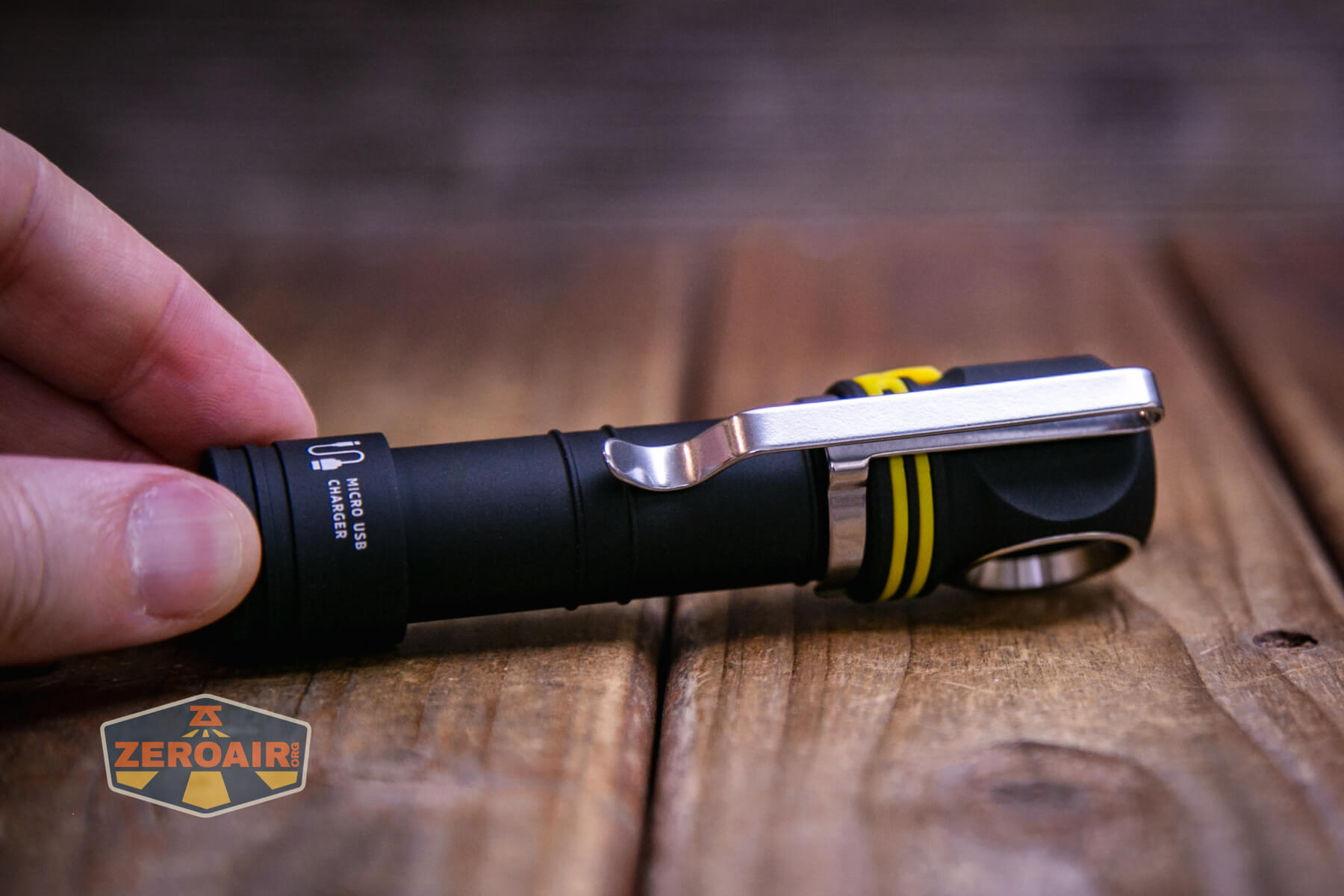 Armytek Elf C2 Warm headlamp with pocket clip in place