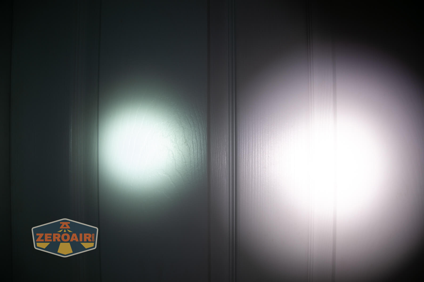 Wurkkos HD02 four beams flashlight beamshots on door (at 1') compared to nichia 219b 4500K