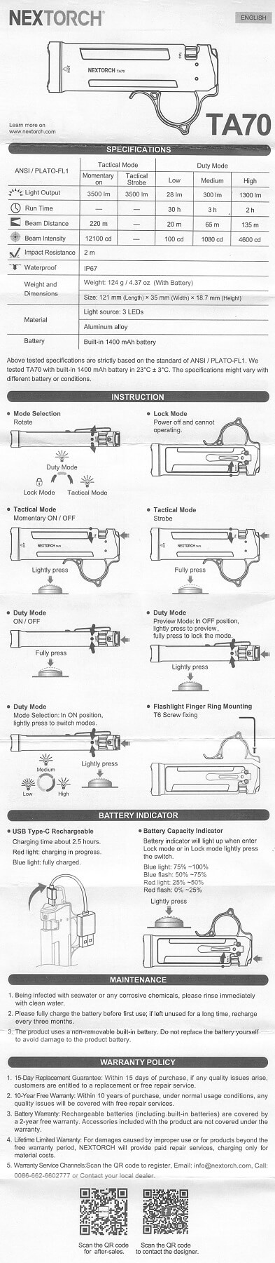 Nextorch TA70 Ultra-Slim Tactical EDC flashlight manual