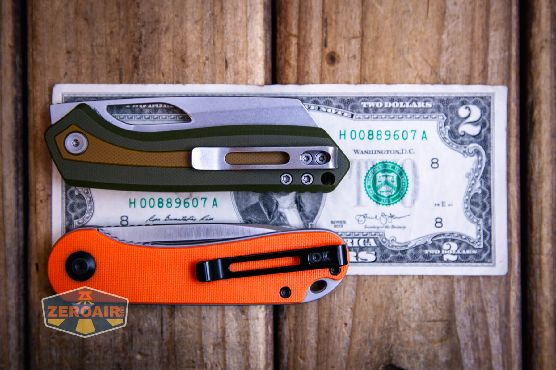 Vosteed Kroc Top Liner-Lock knife on two dollar bill compared to civivi elementum