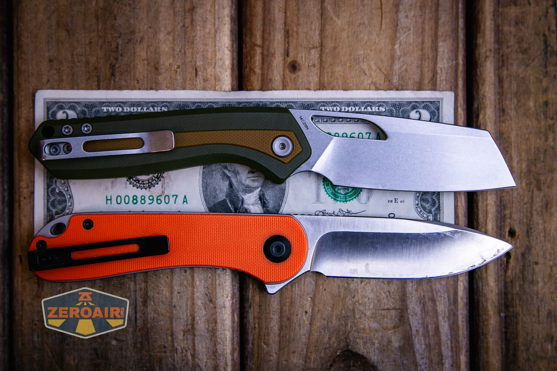 Vosteed Kroc Top Liner-Lock knife on two dollar bill compared to civivi elementum