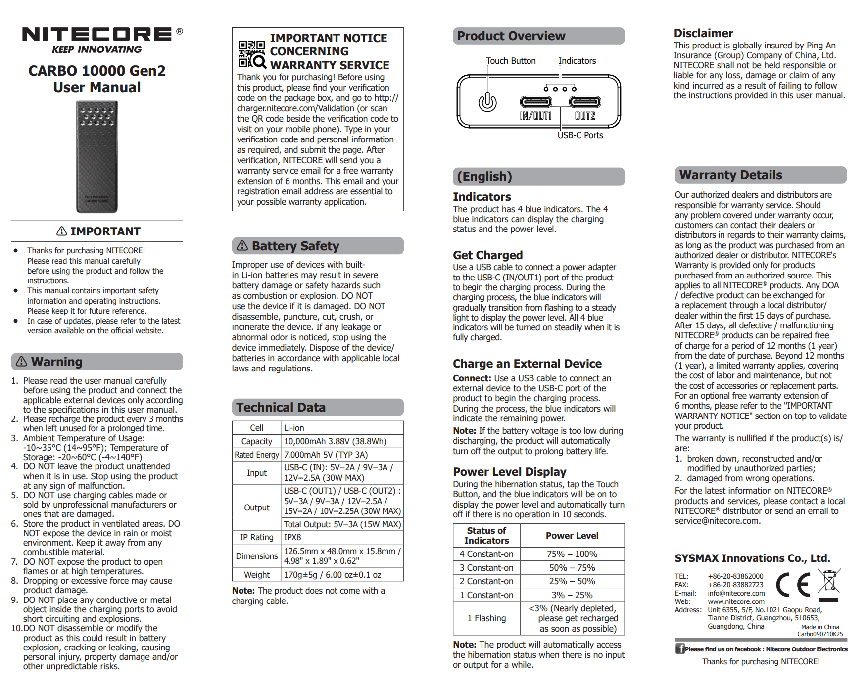 Nitecore Carbo 10000 Gen2 Powerbank manual