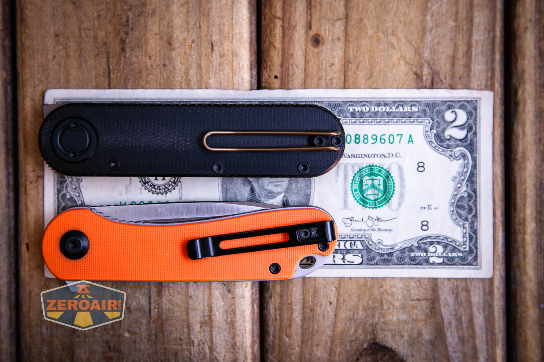 Vosteed Corgi V 295 Vanchor lock knife on two dollar bill with Civivi elementum