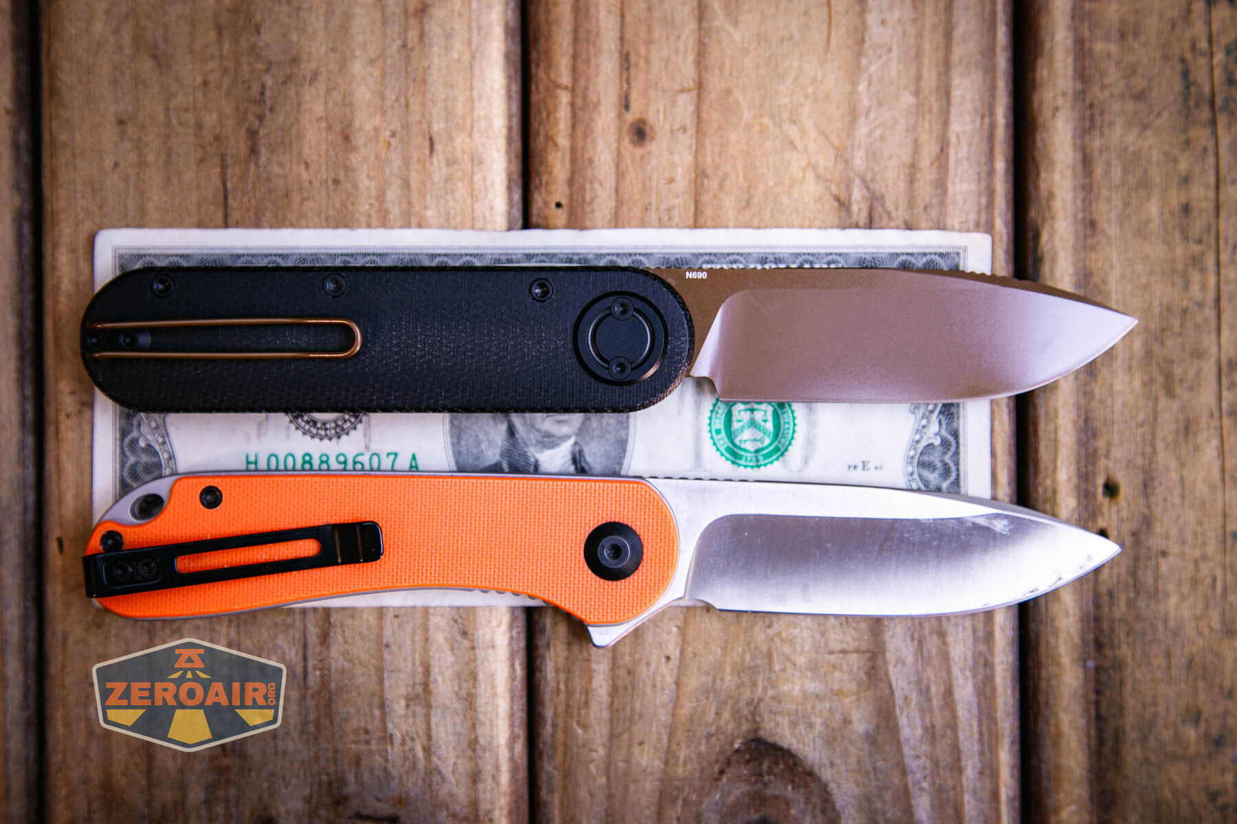 Vosteed Corgi V 295 Vanchor lock knife on two dollar bill with Civivi elementum