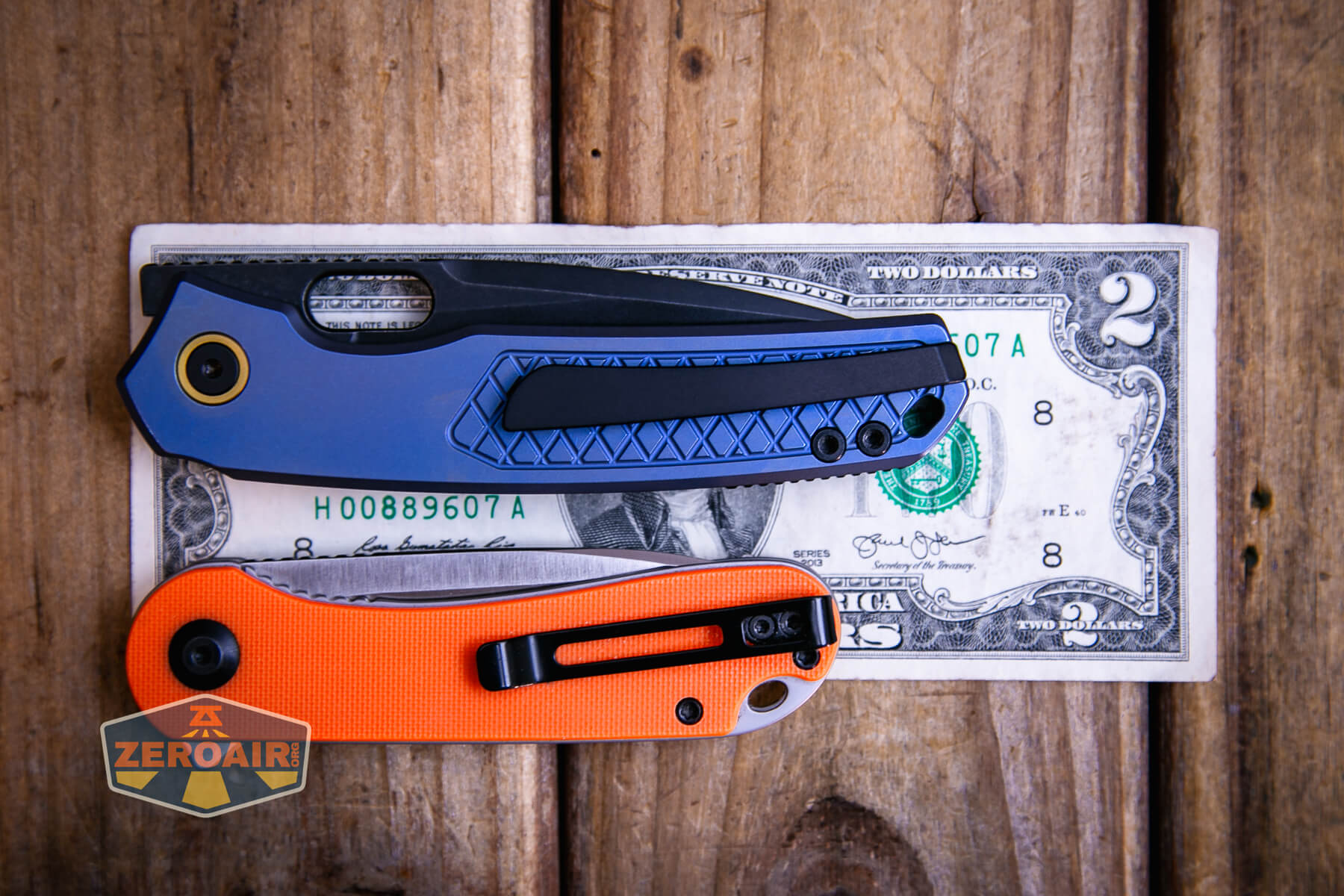 Vosteed Psyop Elmax blade knife on two dollar bill compared to civivi elementum