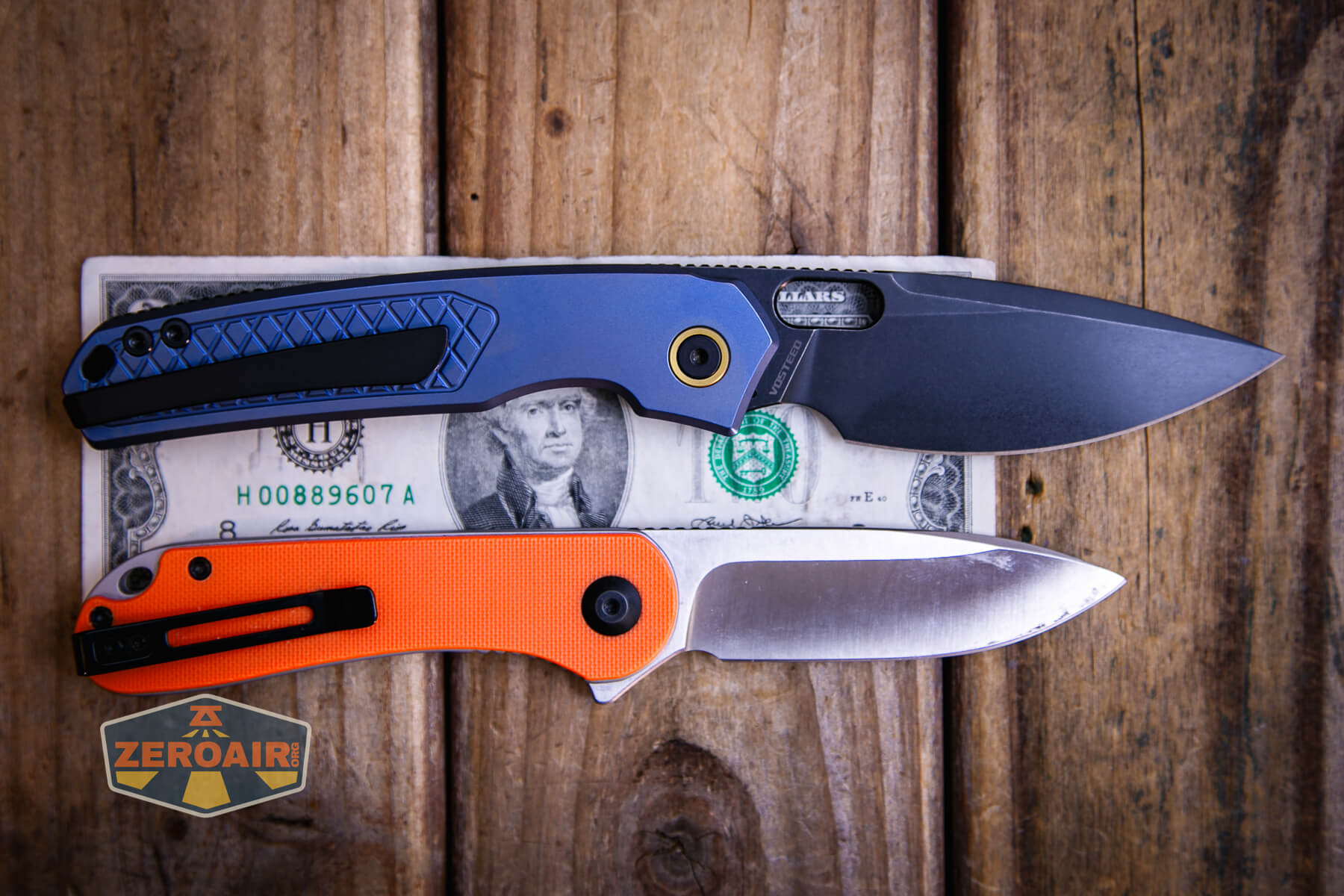 Vosteed Psyop Elmax blade knife on two dollar bill compared to civivi elementum