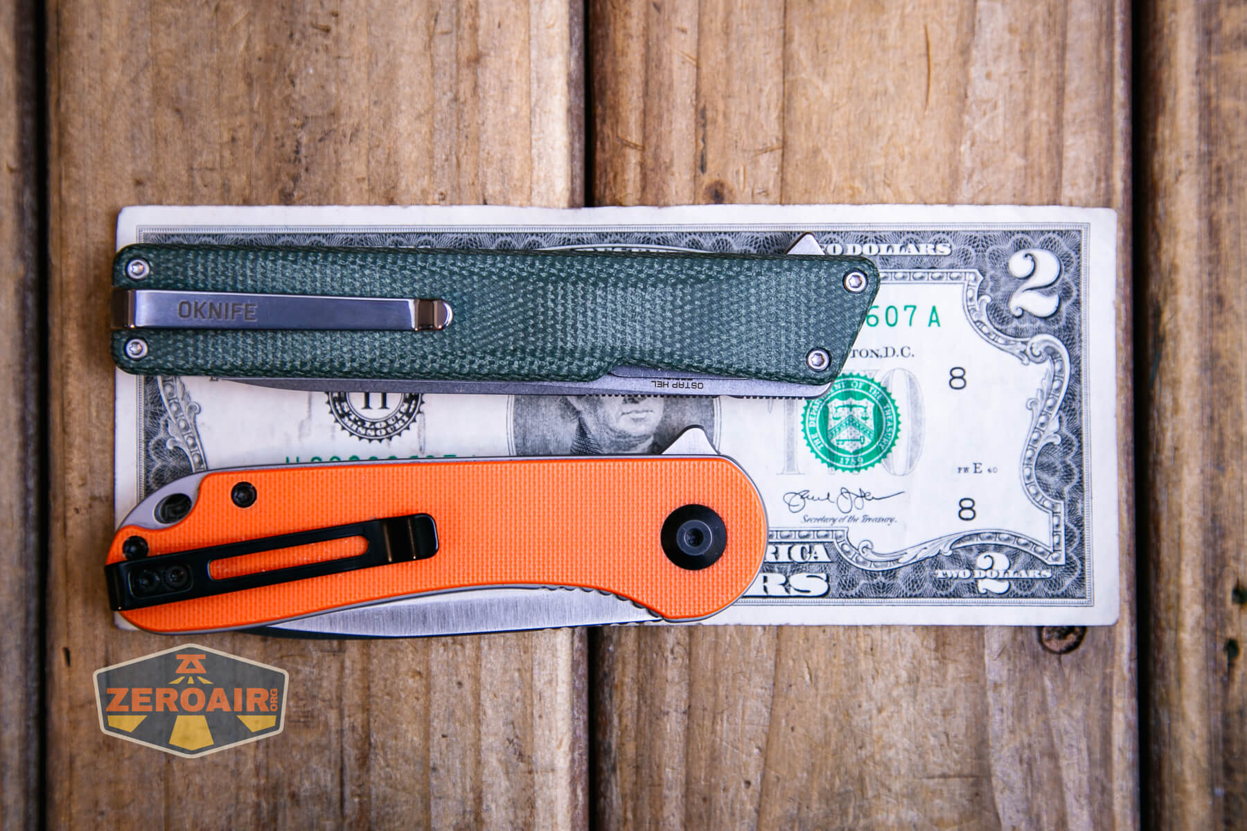 Oknife Aion Micarta Knife on two dollar bill compared to Civivi Elementum