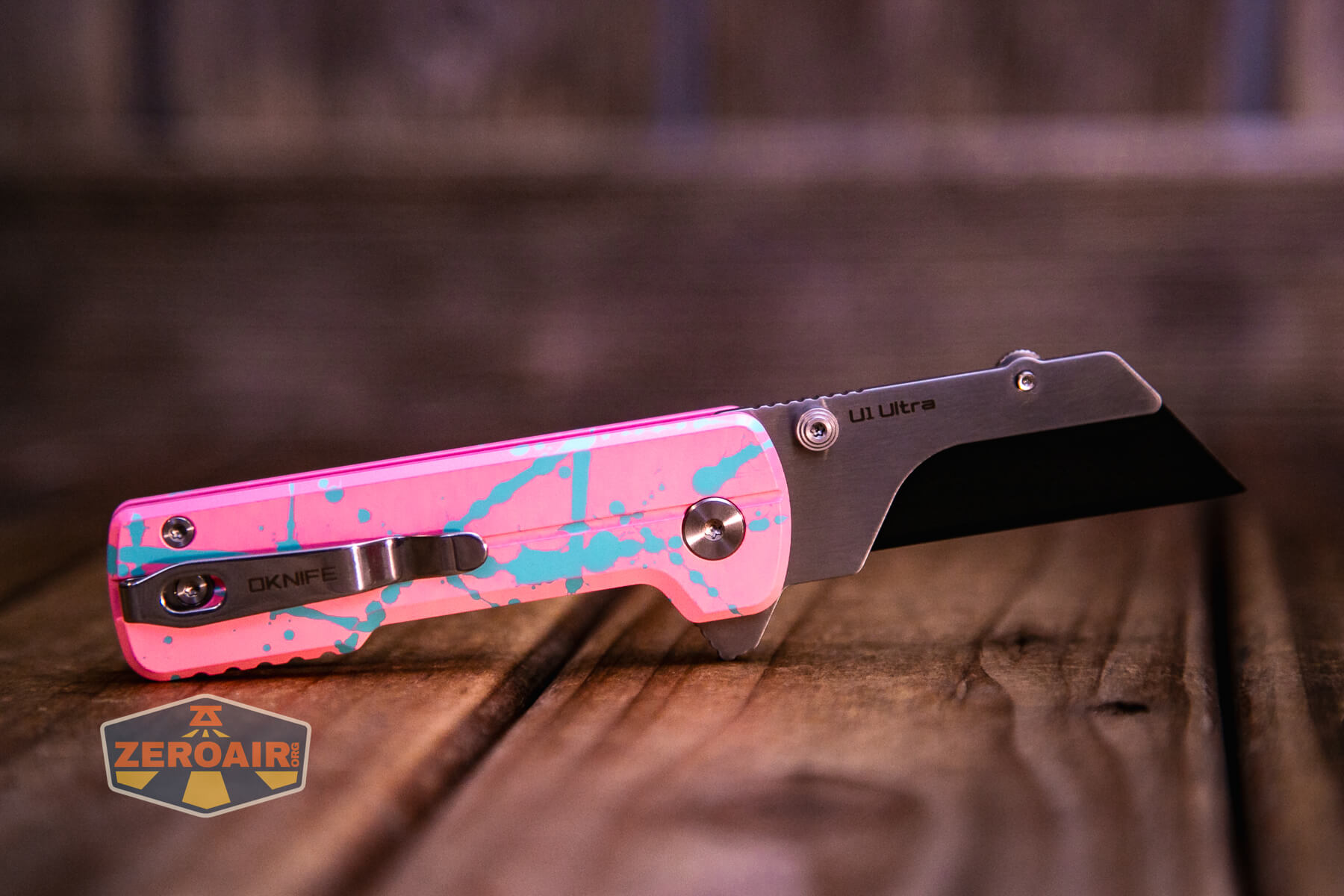 Oknife U1 Ultra Zombie Pink utility knife fully open clip-side