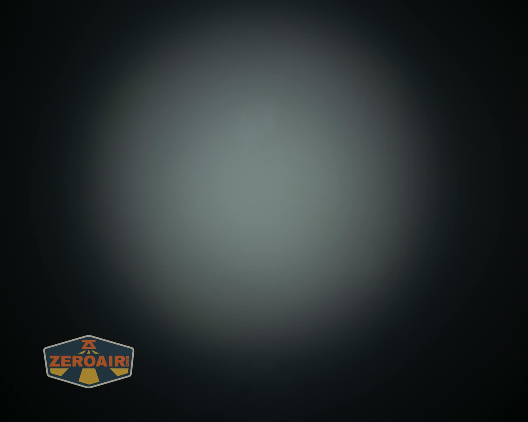 A circular beam of white light fades into darkness with a shadowy gradient. The ZeroAir logo is in the lower left corner.