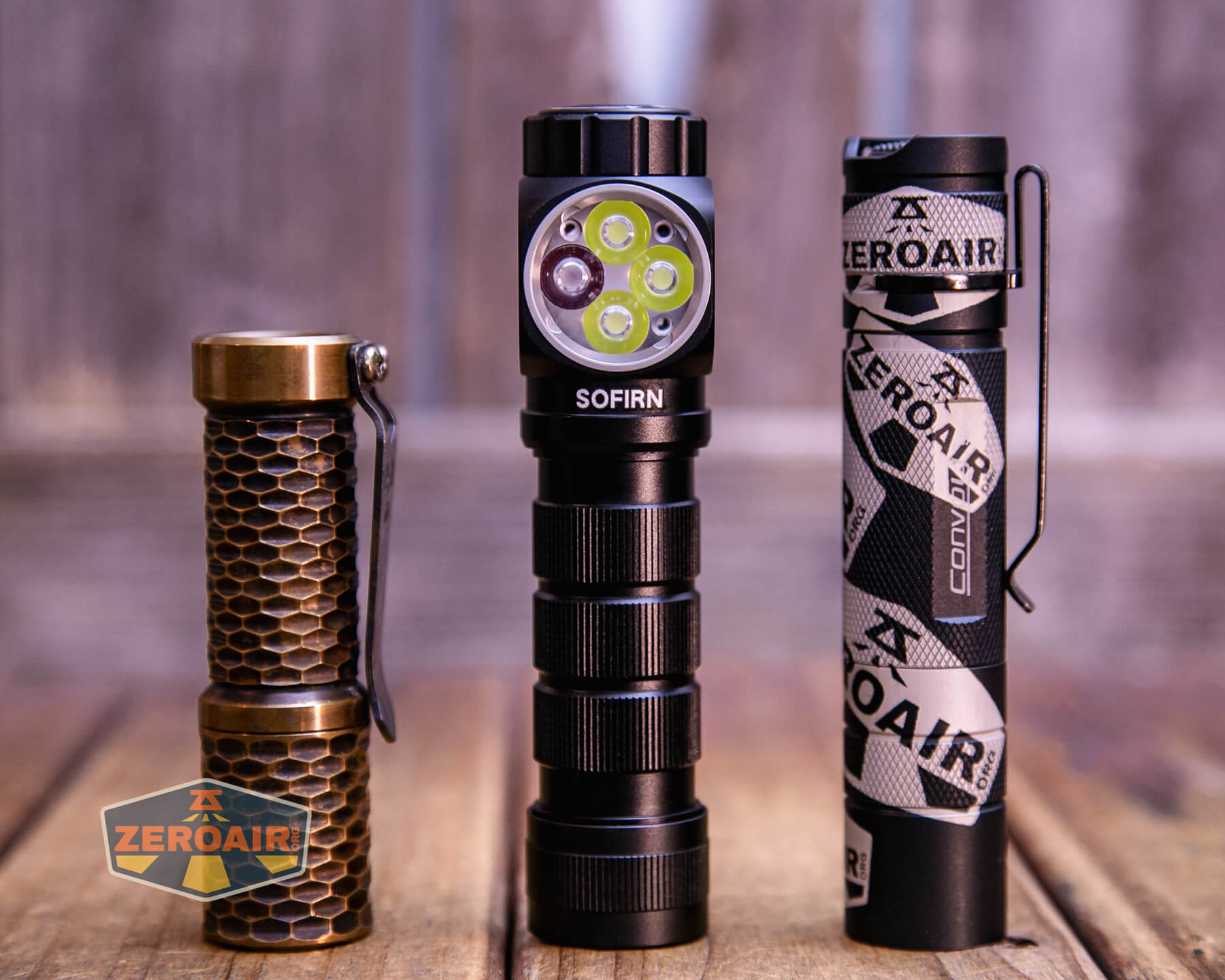 Sofirn HS43 headlamp with two standard sized flashlights