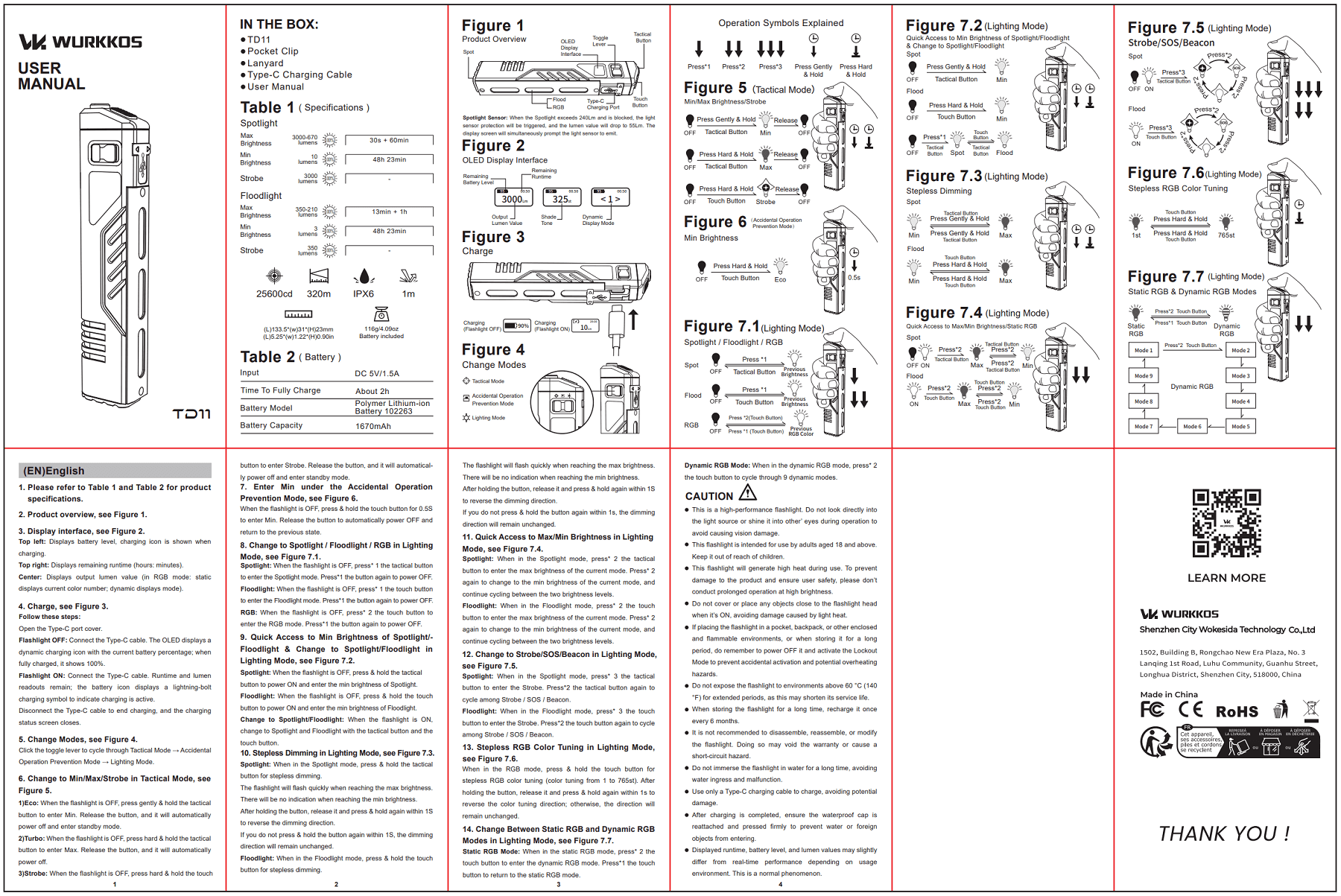 Wurkkos TD11 flashlight user manual showing diagrams, tables with specifications, instructions for use, components list, operation steps, safety warnings, warranty information, and a QR code for more details.