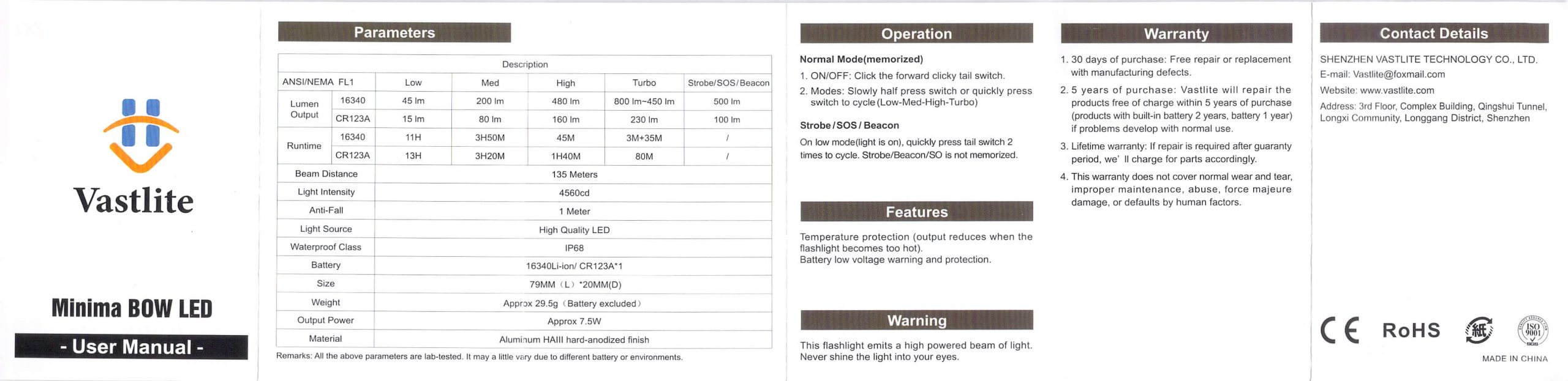 Vastlite Minima BOW LED flashlight manual