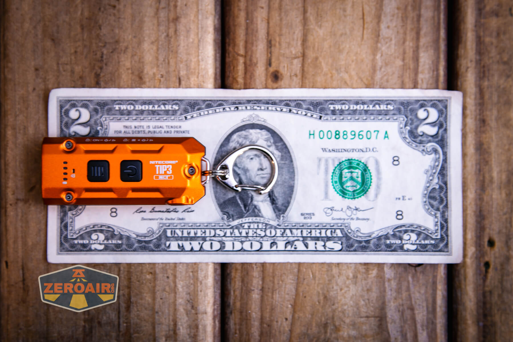 Nitecore TIP3 keychain flashlight showing all sides on a two dollar bill