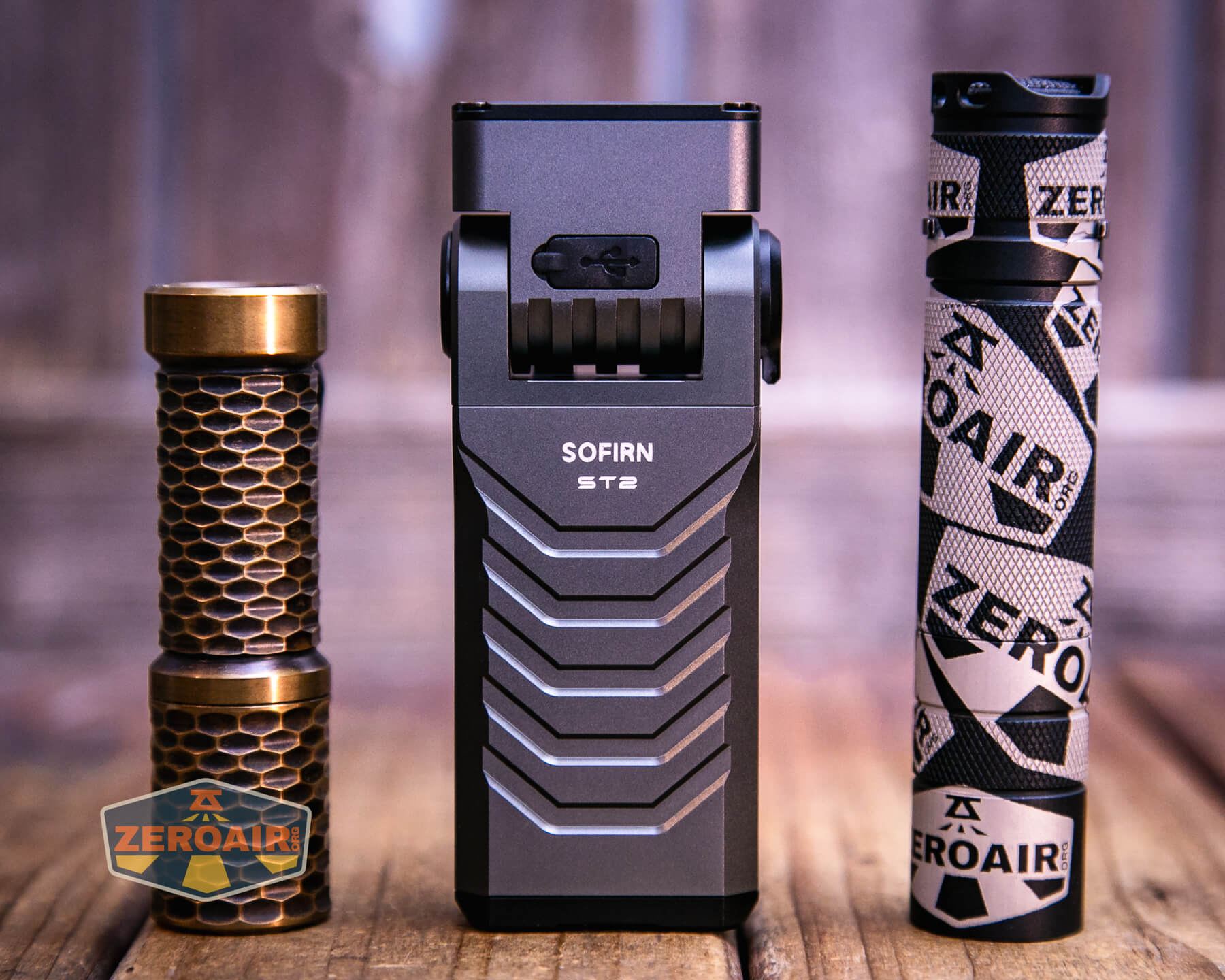 Sofirn ST2 multi-function flat flashlight with two standard sized flashlights