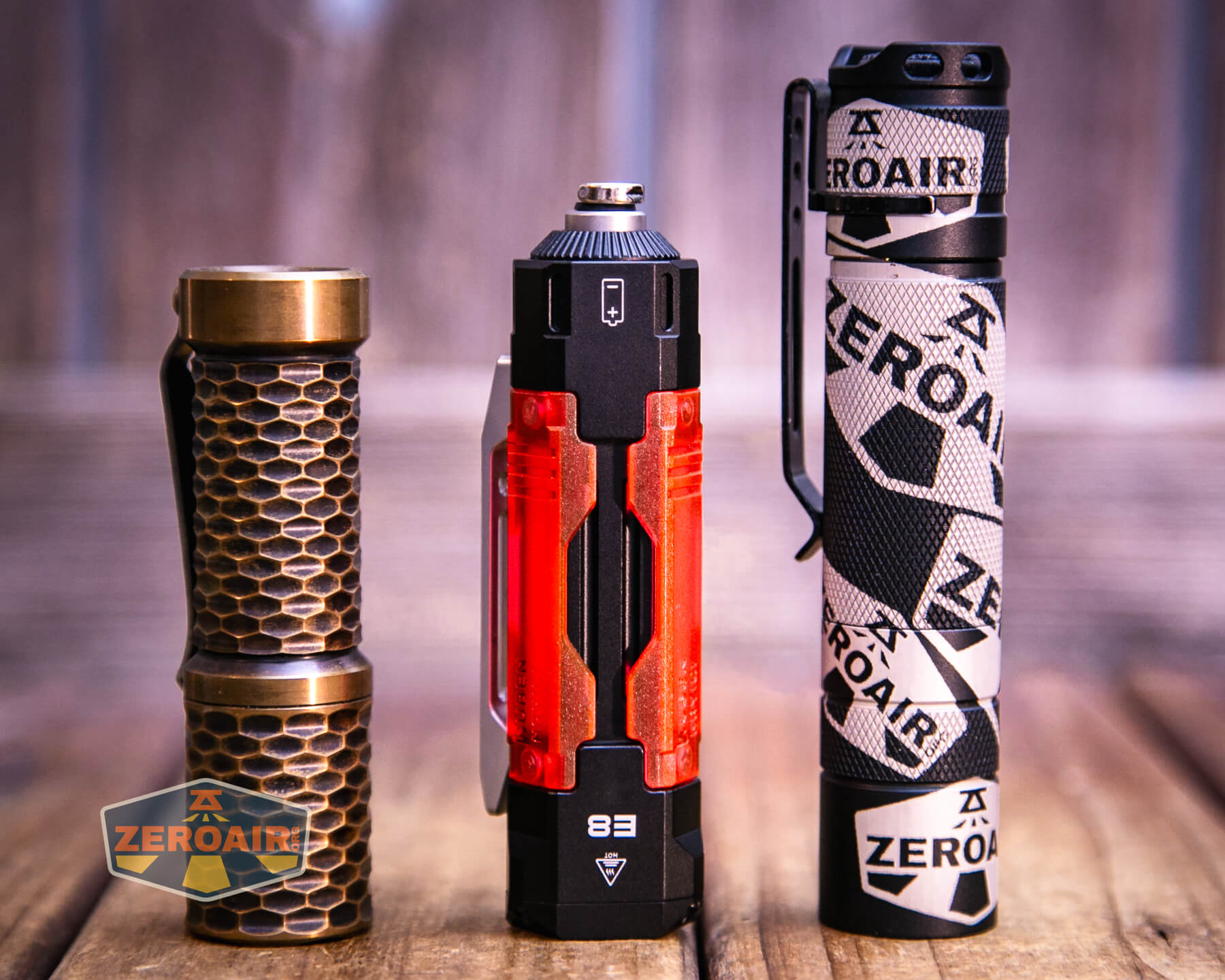 Wuben E8 production flashlight with two standard sized flashlights