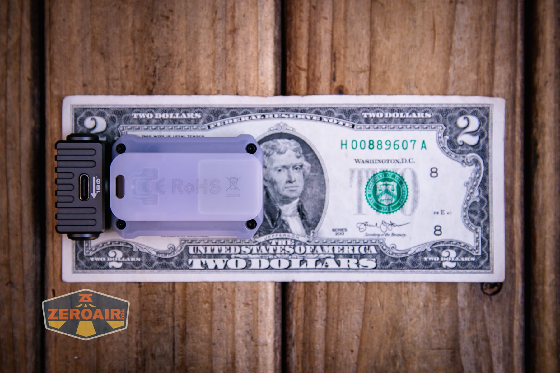 Wurkkos HD04 pocket flashlight on a two dollar bill