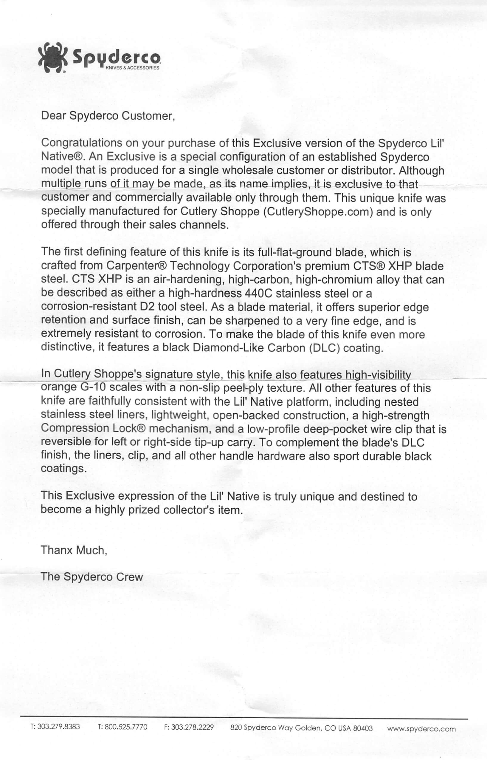 Spyderco Lil Native Cutlery Shoppe knife paperwork