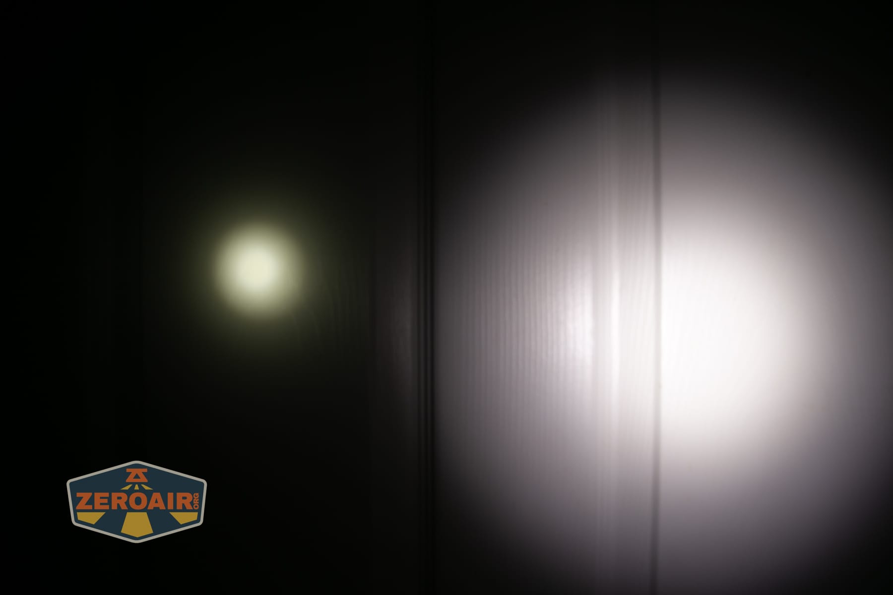 Reylight Dawn Max titanium flashlight beamshots on door (at 1') compared to nichia 219b 4500K