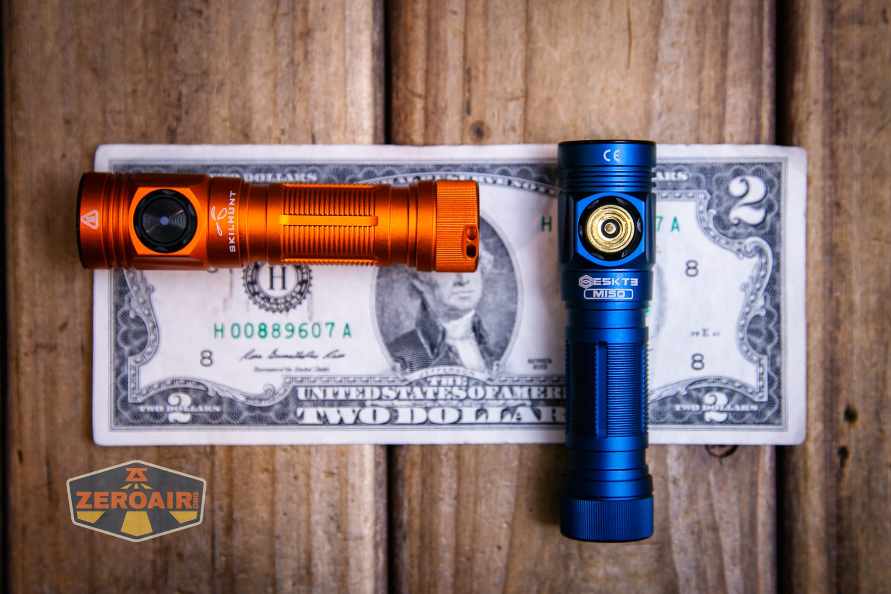 Skilhunt M150 V4 flashlight on two dollar bill