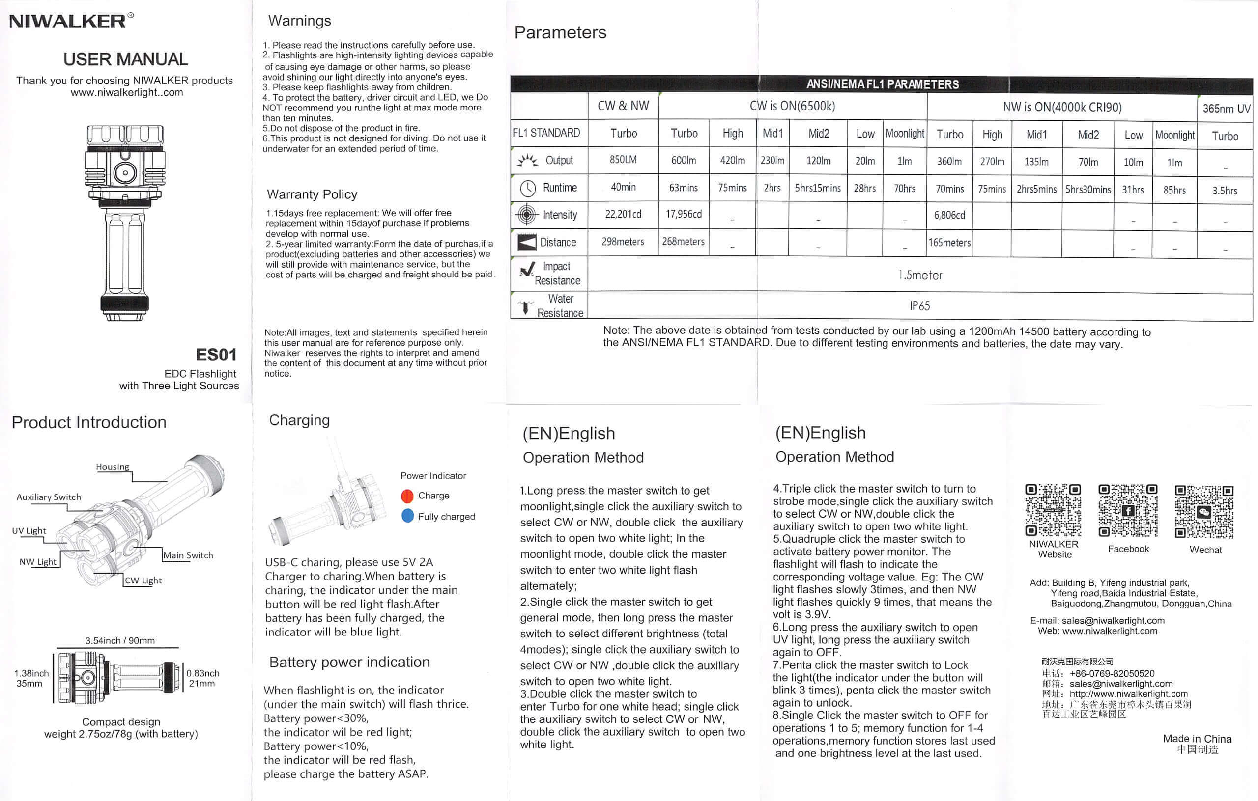 Niwalker ES01 Three Light flashlight manual