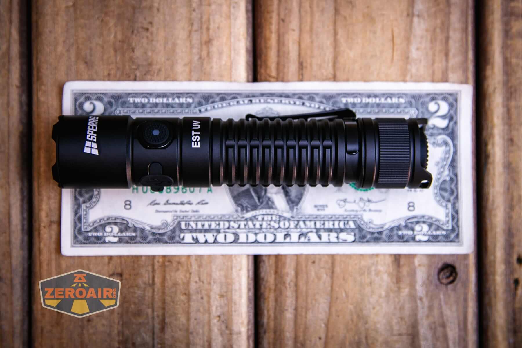 Speras EST UV flashlight on a two dollar bill